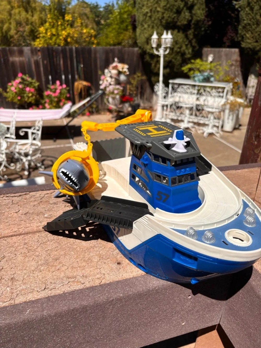 Mattel Blue White and Yellow Rescue Boat Toy with Shark Accessory
